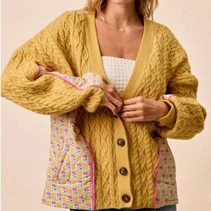 BiBi Mustard Cable Knit Cardigan with Floral Accents